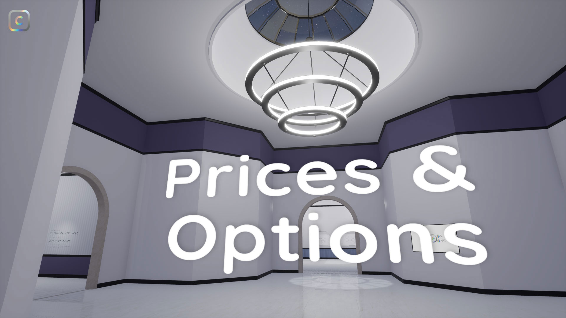 prices and options title text on display in a curation chambers 3D virtual gallery